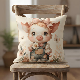 Whimsical Piglet in Pastel Overalls Peach Throw Pillow