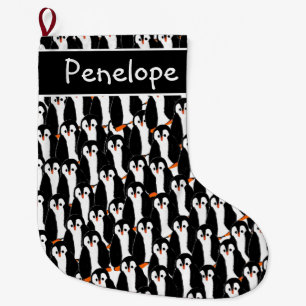 Whimsical Piles of Penguins Pattern and Your Name Large Christmas Stocking