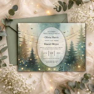 Whimsical Pine Forest Fairy Lights Wedding Invitation