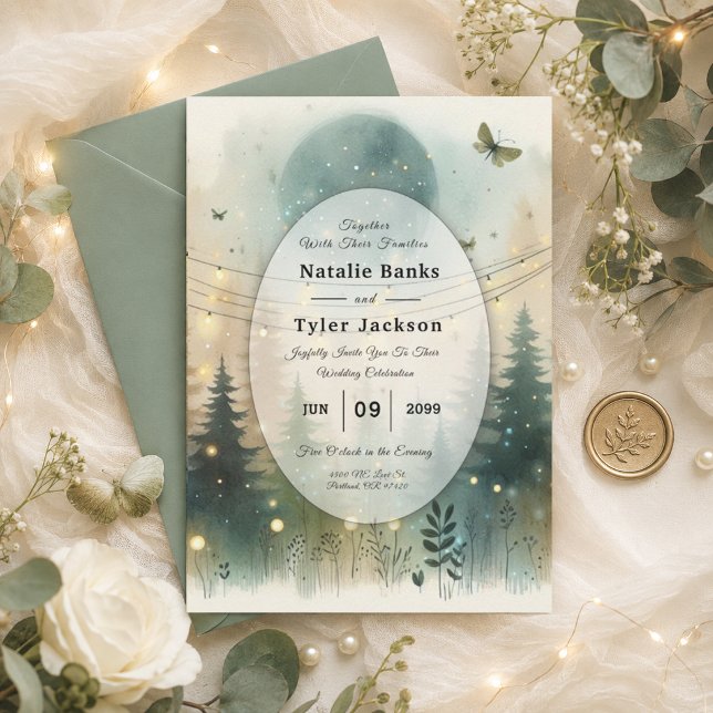 Whimsical Pine Forest Fairy Lights Wedding Invitation (Creator Uploaded)