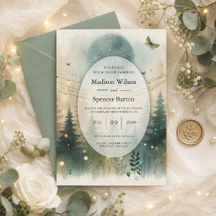 Whimsical Pine Forest Fairy Lights Wedding Invitation