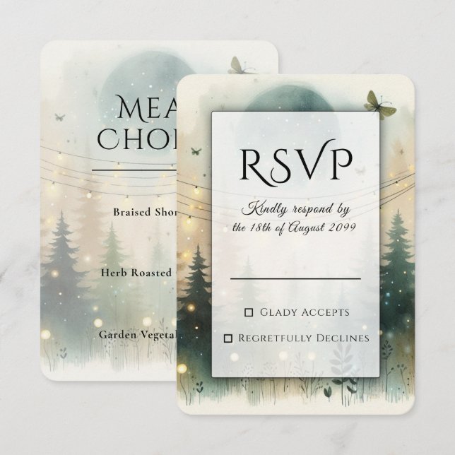 Whimsical Pine Forest Fairy Lights Wedding RSVP Card (Front/Back)