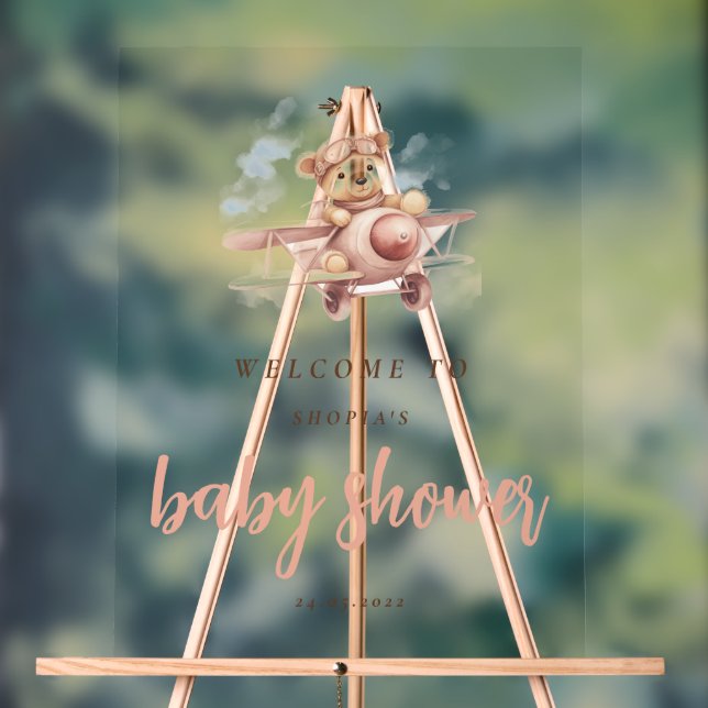 Whimsical Pink Airplane Adventure Baby Shower Acrylic Sign (Neutral)