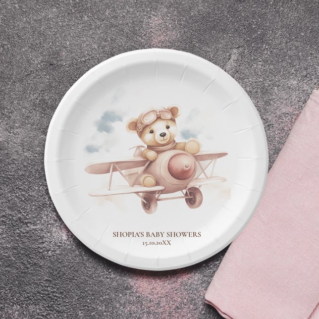 Whimsical Pink Airplane Adventure Baby Shower Paper Plate (Creator Uploaded)