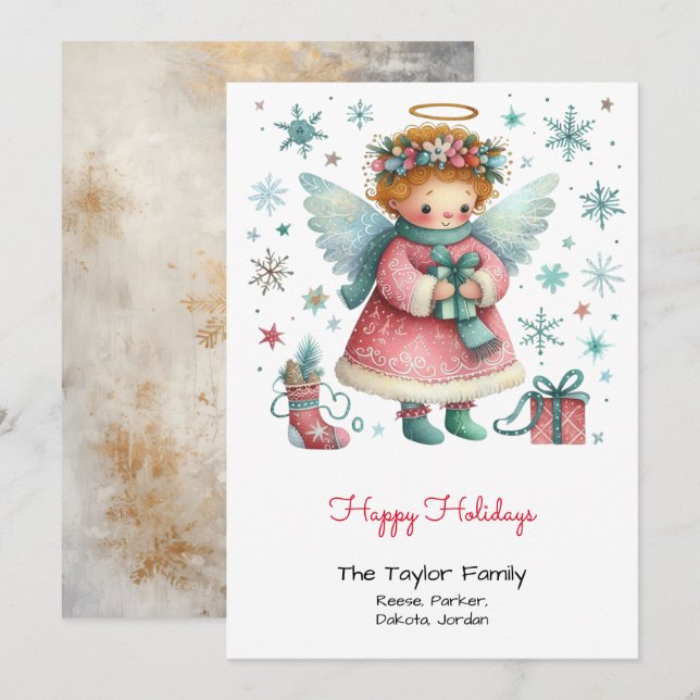 Whimsical Pink and Blue Angel Happy Holiday Card (Front/Back)