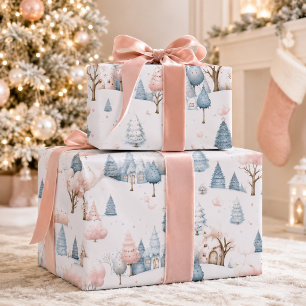 Whimsical Pink and Blue Christmas Village Gift Wrapping Paper