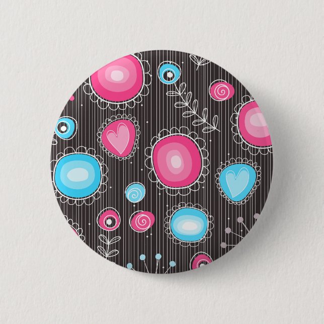 Whimsical pink and blue hearts and flowers floral 2 inch round button (Front)