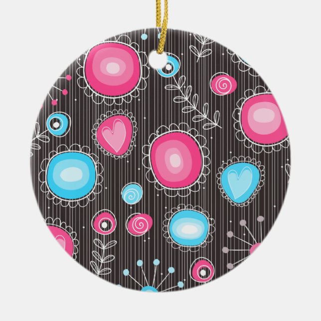 Whimsical pink and blue hearts and flowers floral ceramic ornament (Front)