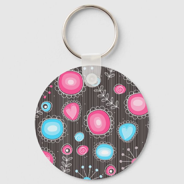 Whimsical pink and blue hearts and flowers floral keychain (Front)