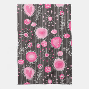 Whimsical pink and blue hearts and flowers floral kitchen towel