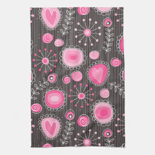 Whimsical pink and blue hearts and flowers floral kitchen towel (Vertical)