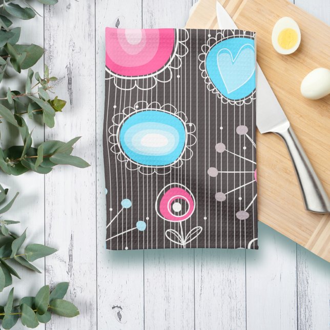 Whimsical pink and blue hearts and flowers floral kitchen towel (Creator Uploaded)