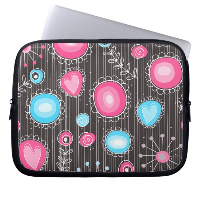 Whimsical pink and blue hearts and flowers floral laptop sleeve (Front)