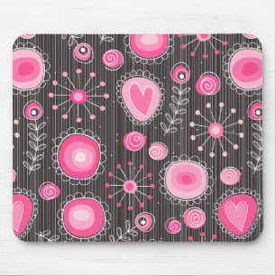 Whimsical pink and blue hearts and flowers floral mouse pad