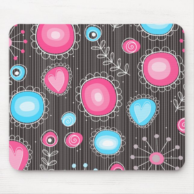 Whimsical pink and blue hearts and flowers floral mouse pad (Front)