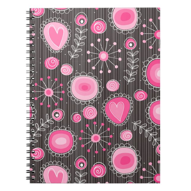 Whimsical pink and blue hearts and flowers floral notebook (Front)