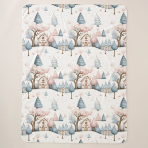 Whimsical Pink and Blue Winter Christmas Village Sherpa Blanket