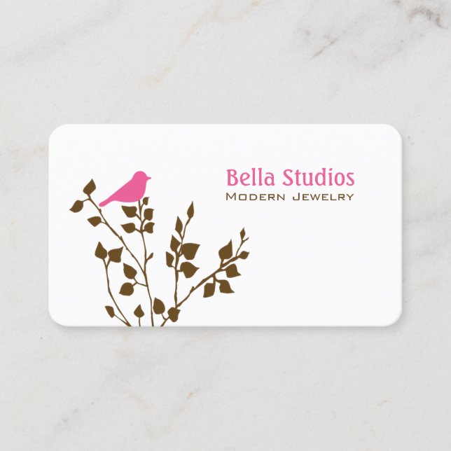 Whimsical Pink and Brown Bird Cute Nature Business Card (Front)