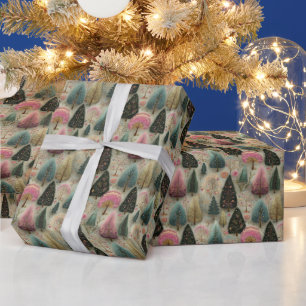 Whimsical Pink and Green Christmas Tree Gift Wrapping Paper