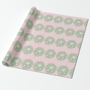 Whimsical Pink and Green Christmas Wreath Pattern Wrapping Paper