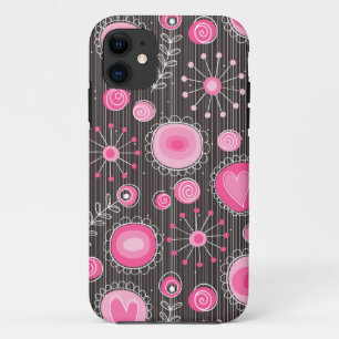 Whimsical pink and grey hearts and flowers floral iPhone 11 case