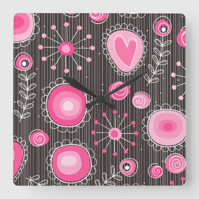Whimsical pink and grey hearts and flowers floral square wall clock (Front)
