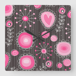 Whimsical pink and grey hearts and flowers floral square wall clock