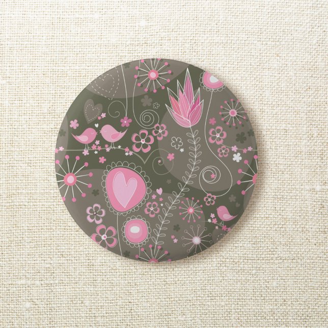 Whimsical Pink and Grey Hearts, Birds and Flowers  2 Inch Round Button (Creator Uploaded)