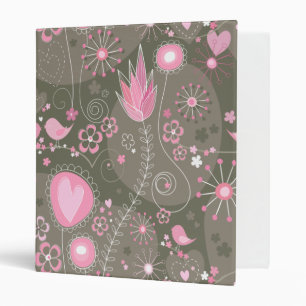 Whimsical Pink and Grey Hearts, Birds and Flowers  Binder
