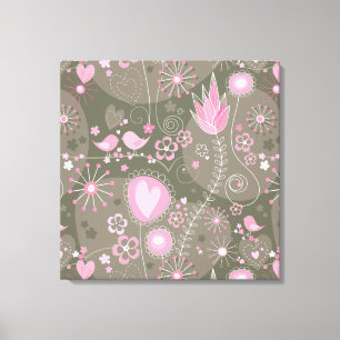 Whimsical Pink and Grey Hearts, Birds and Flowers  Canvas Print