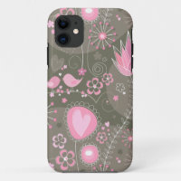 Whimsical Pink and Grey Hearts, Birds and Flowers 