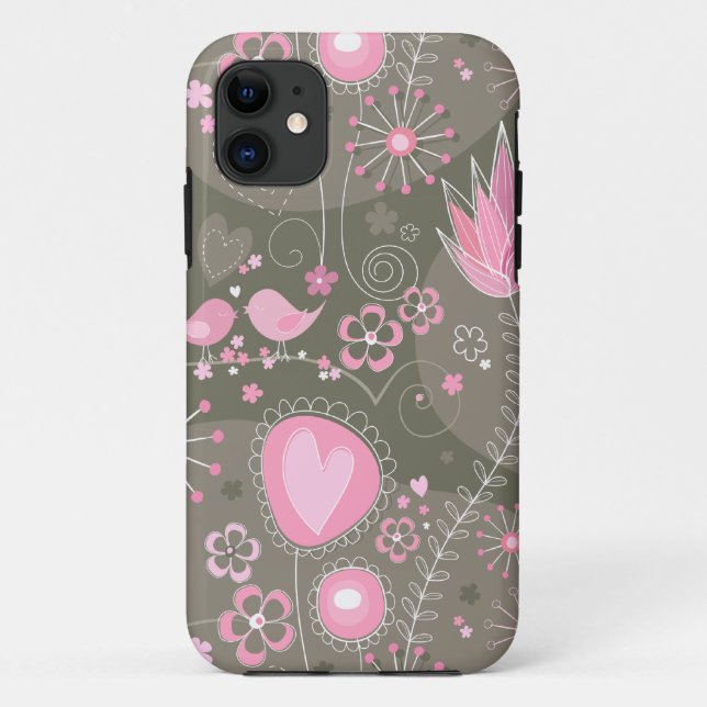 Whimsical Pink and Grey Hearts, Birds and Flowers  Case-Mate iPhone Case (Back)