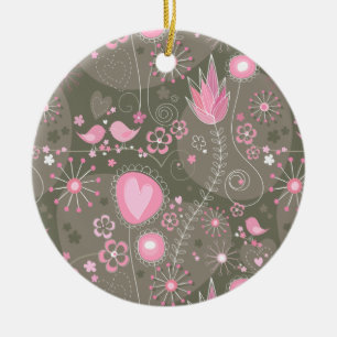 Whimsical Pink and Grey Hearts, Birds and Flowers  Ceramic Ornament
