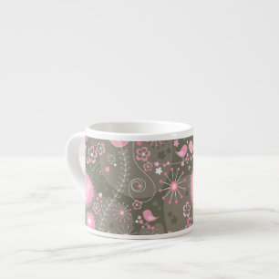 Whimsical Pink and Grey Hearts, Birds and Flowers  Espresso Cup
