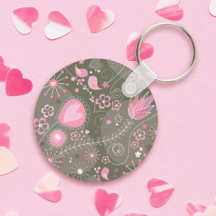 Whimsical Pink and Grey Hearts, Birds and Flowers Keychain