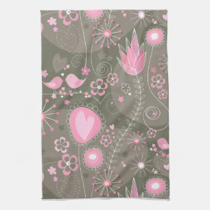 Whimsical Pink and Grey Hearts, Birds and Flowers  Kitchen Towel