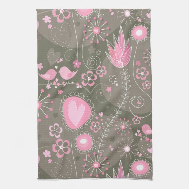 Whimsical Pink and Grey Hearts, Birds and Flowers  Kitchen Towel (Vertical)