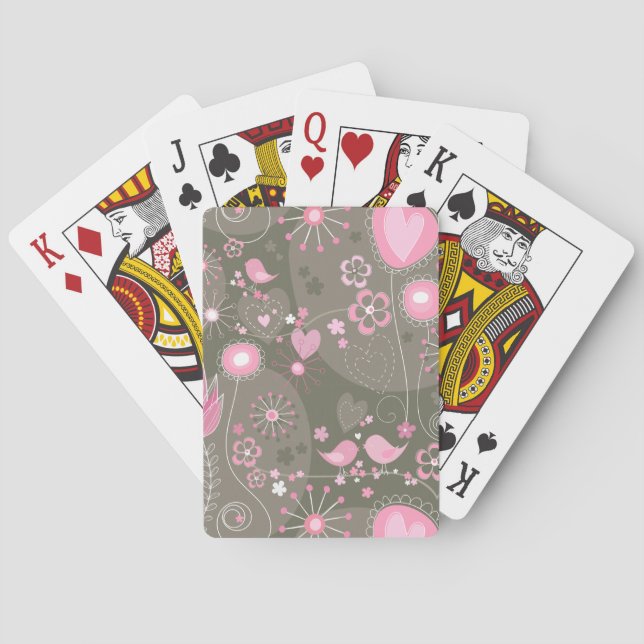Whimsical Pink and Grey Hearts, Birds and Flowers  Playing Cards (Back)