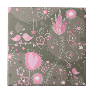 Whimsical Pink and Grey Hearts, Birds and Flowers Tile