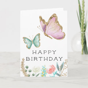 Whimsical Pink and Mint Butterfly Birthday Card