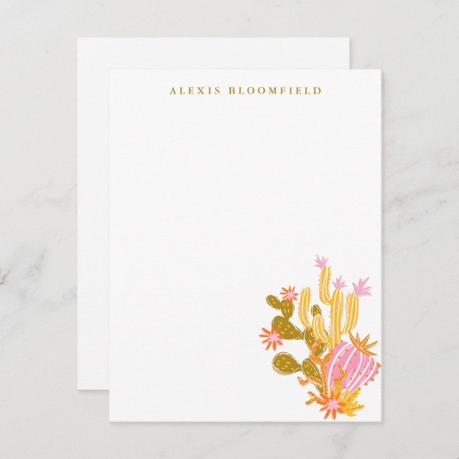Whimsical Pink and Orange Cactus Personalized Note Card (Front/Back)