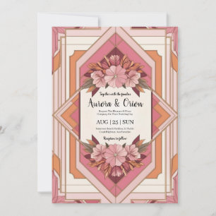 whimsical pink and orange floral wedding invitation