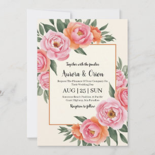 whimsical pink and orange floral wedding invitation