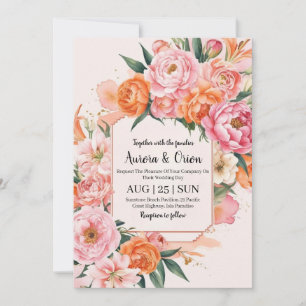 whimsical pink and orange floral wedding invitation