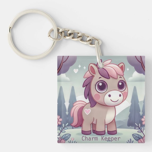 Whimsical Pink and Purple Pony Charm Keeper Keychain (Front)