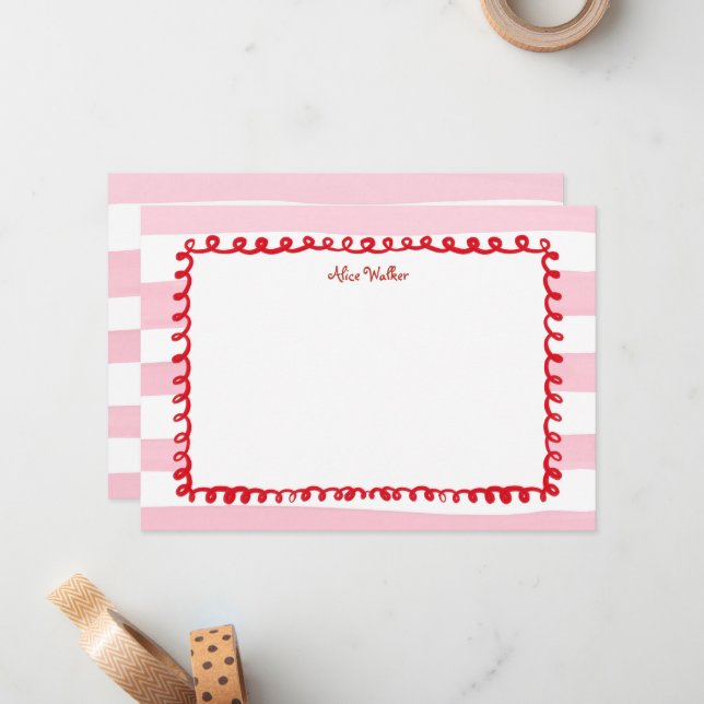 Whimsical Pink and Red Trendy Monogram Note Card (Front/Back In Situ)