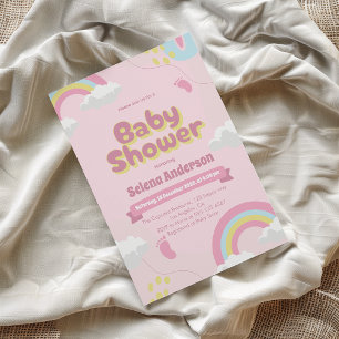 Whimsical Pink Baby Shower Invitation with Rainbow