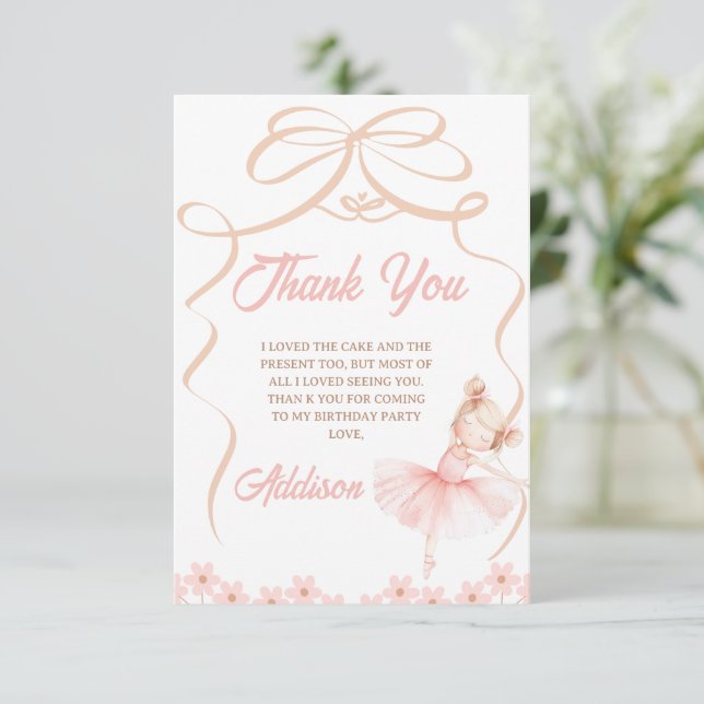 Whimsical Pink Ballerina Two Tu 2nd Birthday  Thank You Card (Standing Front)