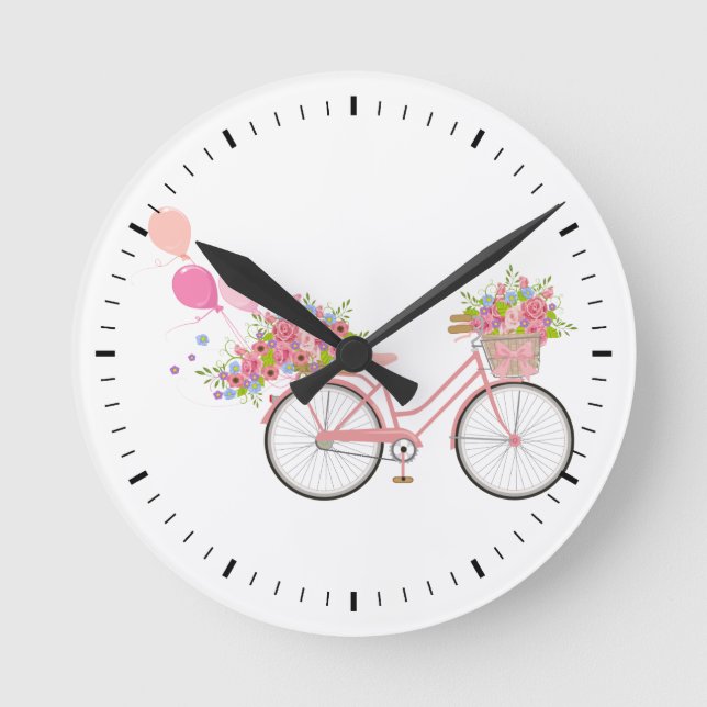 Whimsical Pink Bicycle Round Clock (Front)