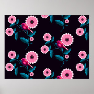 Whimsical Pink Bird Floral Botanical Design Poster